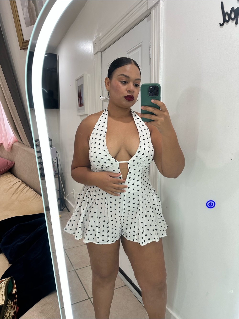 Polka Dot Halter Romper in White